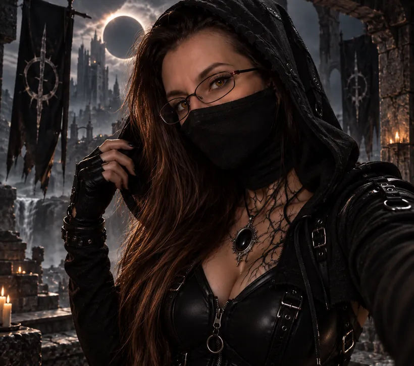 Nemoria Blackthrone mit schwarzer Kapuze, Maske und goldenen Augen